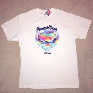 Pensacola Beach Florida Graphic Tee NEW Adult Size Large White Dolphins Sunset